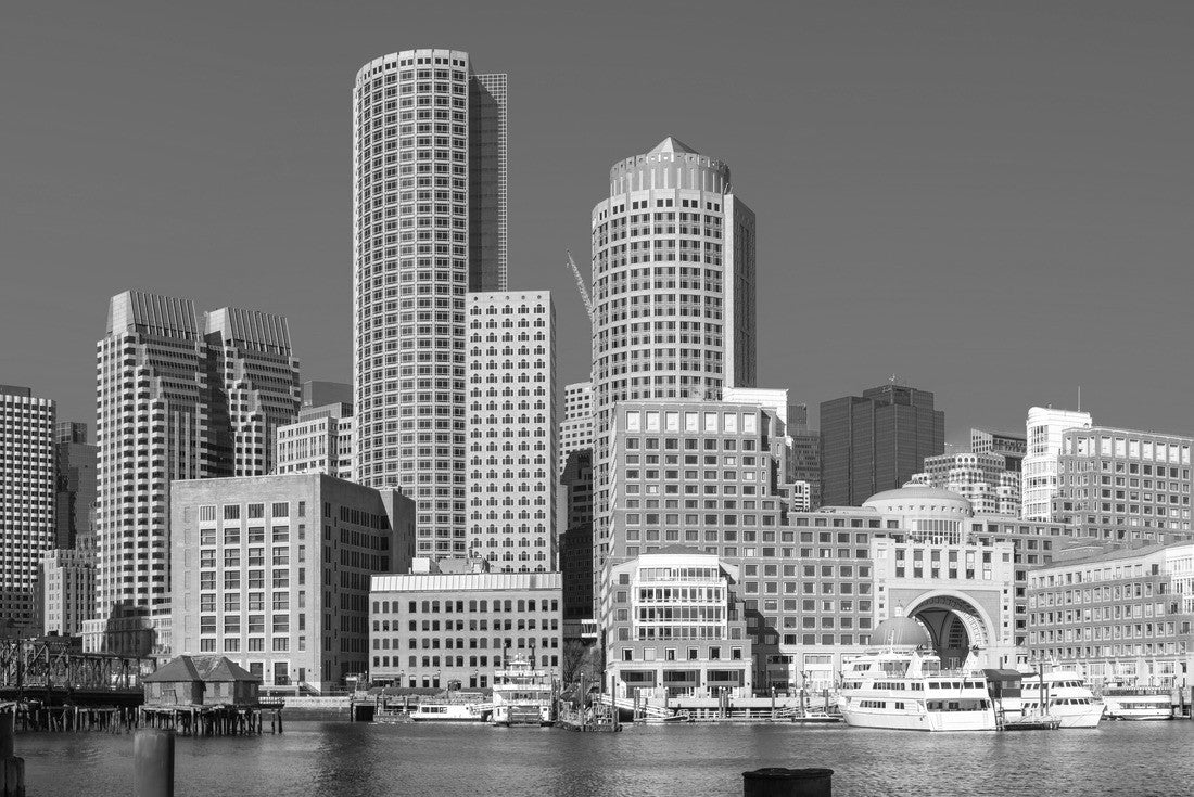 Noah Jigsaw Puzzle Panoramic Boston City Skyline and Seascape at the Boston Harbor. Clear Blue Sky Backgrounds in black white 2000 pieces