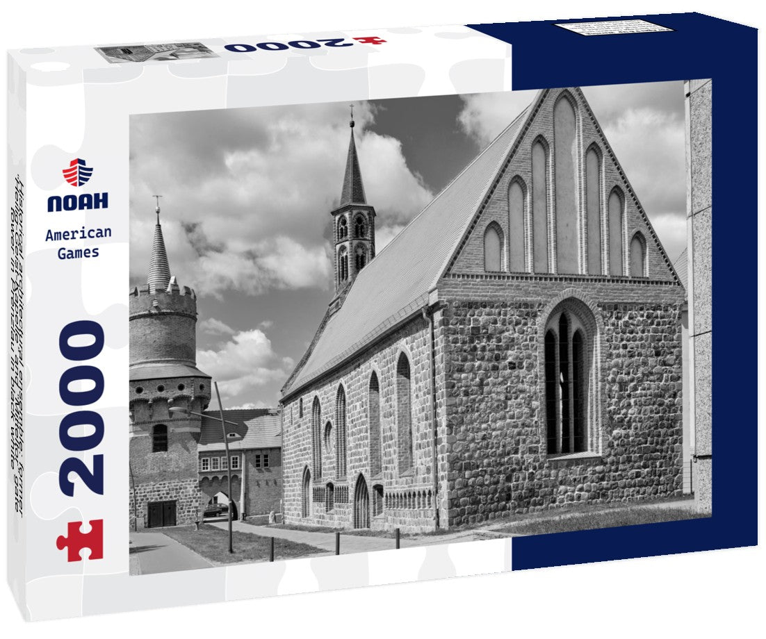 Historical architectural ensemble: former “Heilig-Geist-Kapelle” and “Mitteltor” gate tower in Prenzlau 2000pc PuzzleBlack and White