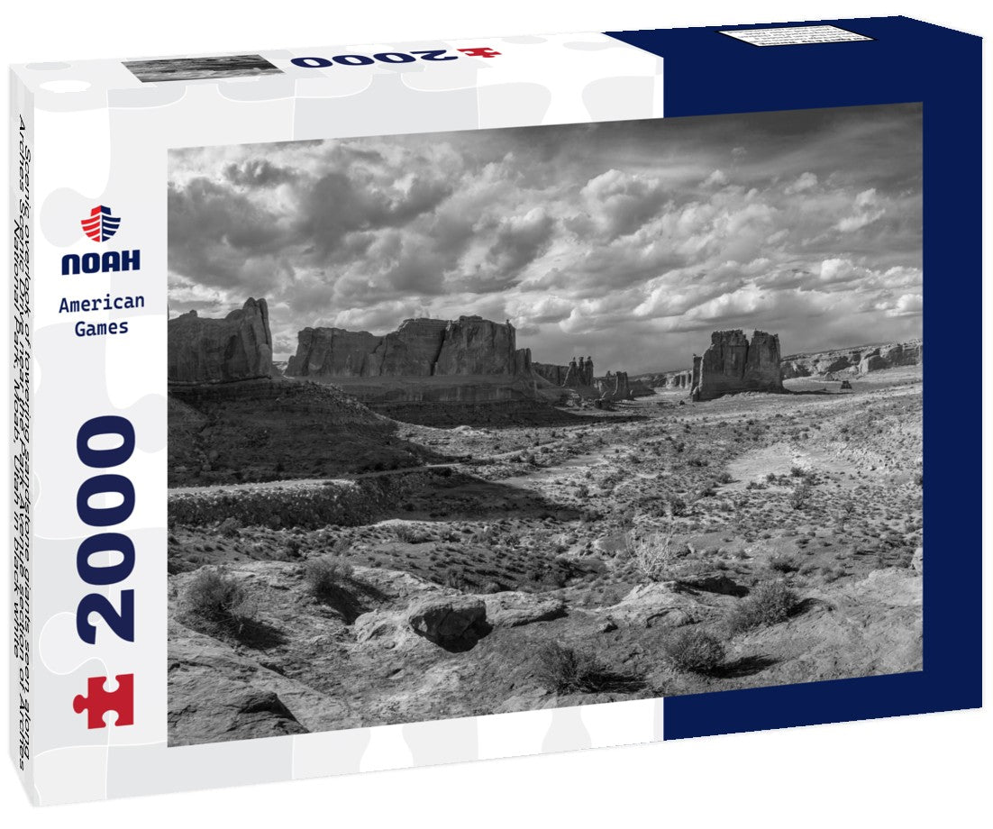 Noah Jigsaw Puzzle Scenic overlook of towering sandstone giants seen along Arches Scenic Drive near the Park Avenue section of Arches National Park, Moab, Utah in black white 2000 pieces