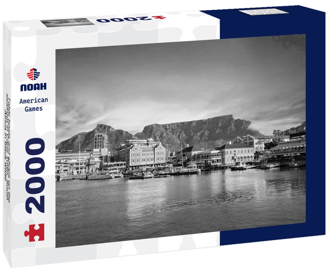 Noah Jigsaw Puzzle Table boats and shops on the seafront in Cape Town, South Africa in black white 2000 pieces