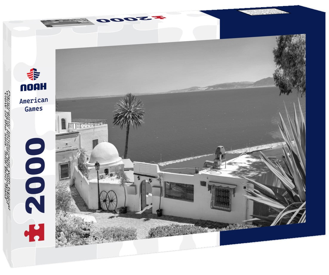 Noah Jigsaw Puzzle Panoramic landscape with typical white blue houses and beautiful view of the sea. Sidi Bou Said, Tunisia in black white 2000 pieces