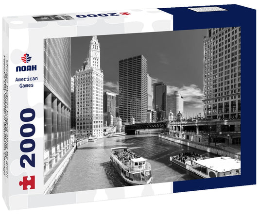 Noah Jigsaw Puzzle Chicago Skylines building along the green-tinged Chicago River at the St. Patrick's Day festival in downtown Chicago, Illinois, USA in black white 2000 pieces