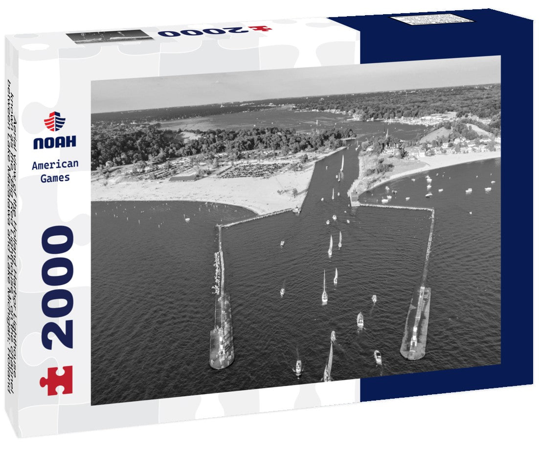 Noah Jigsaw Puzzle Aerial view of the Holland Harbor Lighthouse, known as the “Big Red Lighthouse”, on the channel between Lake Macatawa and Lake Michigan; Holland State Park, Michigan in black white 2000 pieces