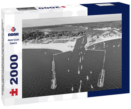 Noah Jigsaw Puzzle Aerial view of the Holland Harbor Lighthouse, known as the “Big Red Lighthouse”, on the channel between Lake Macatawa and Lake Michigan; Holland State Park, Michigan in black white 2000 pieces