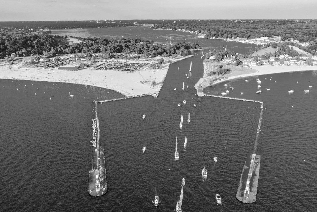 Noah Jigsaw Puzzle Aerial view of the Holland Harbor Lighthouse, known as the “Big Red Lighthouse”, on the channel between Lake Macatawa and Lake Michigan; Holland State Park, Michigan in black white 2000 pieces