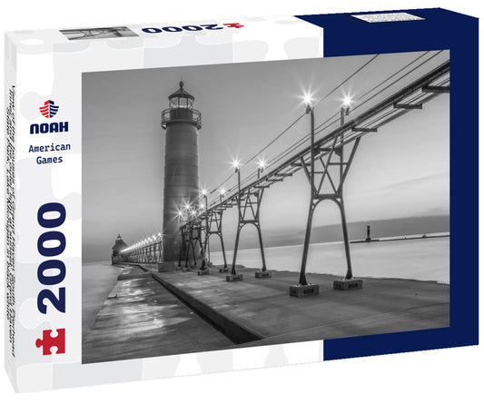 Noah Jigsaw Puzzle View of the houses of Grand Haven South Pierhead Inner and the outer light at sunset; Grand Haven State Park, Lake Michigan in black white 2000 pieces