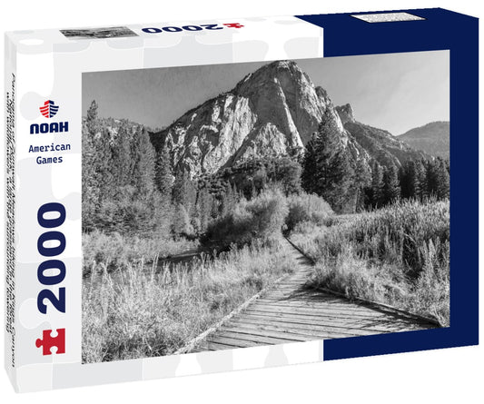 Noah Jigsaw Puzzle Panorama of Zumwalt Meadows hiking in Kings Canyon National Park, a large grassland in the forest with wildflowers with the surrounding towering cliffs of Kings Canyon in black white 2000 pieces