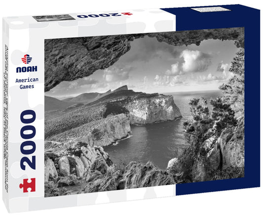 Noah Jigsaw Puzzle Amazing summer view of the Caccia Cape from the small cave in the cliff. Fantastic morning landscape of Sardinia, Italy in black white 2000 pieces