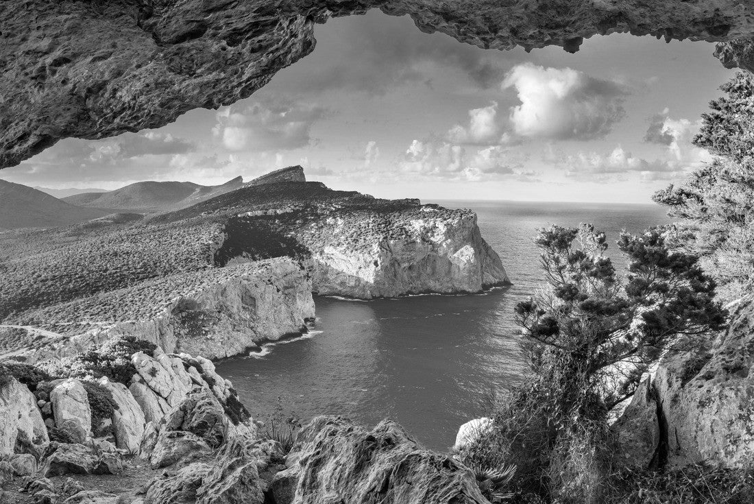 Noah Jigsaw Puzzle Amazing summer view of the Caccia Cape from the small cave in the cliff. Fantastic morning landscape of Sardinia, Italy in black white 2000 pieces