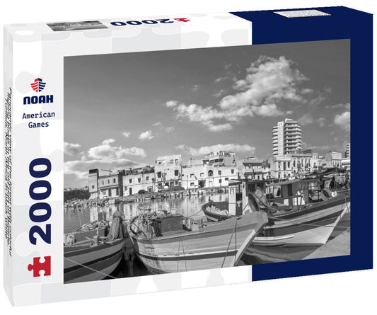 Noah Jigsaw Puzzle Panoramic view of the forest with colorful fishing boats in the old port of Bizerte. Tunisia, North Africa in black white 2000 pieces
