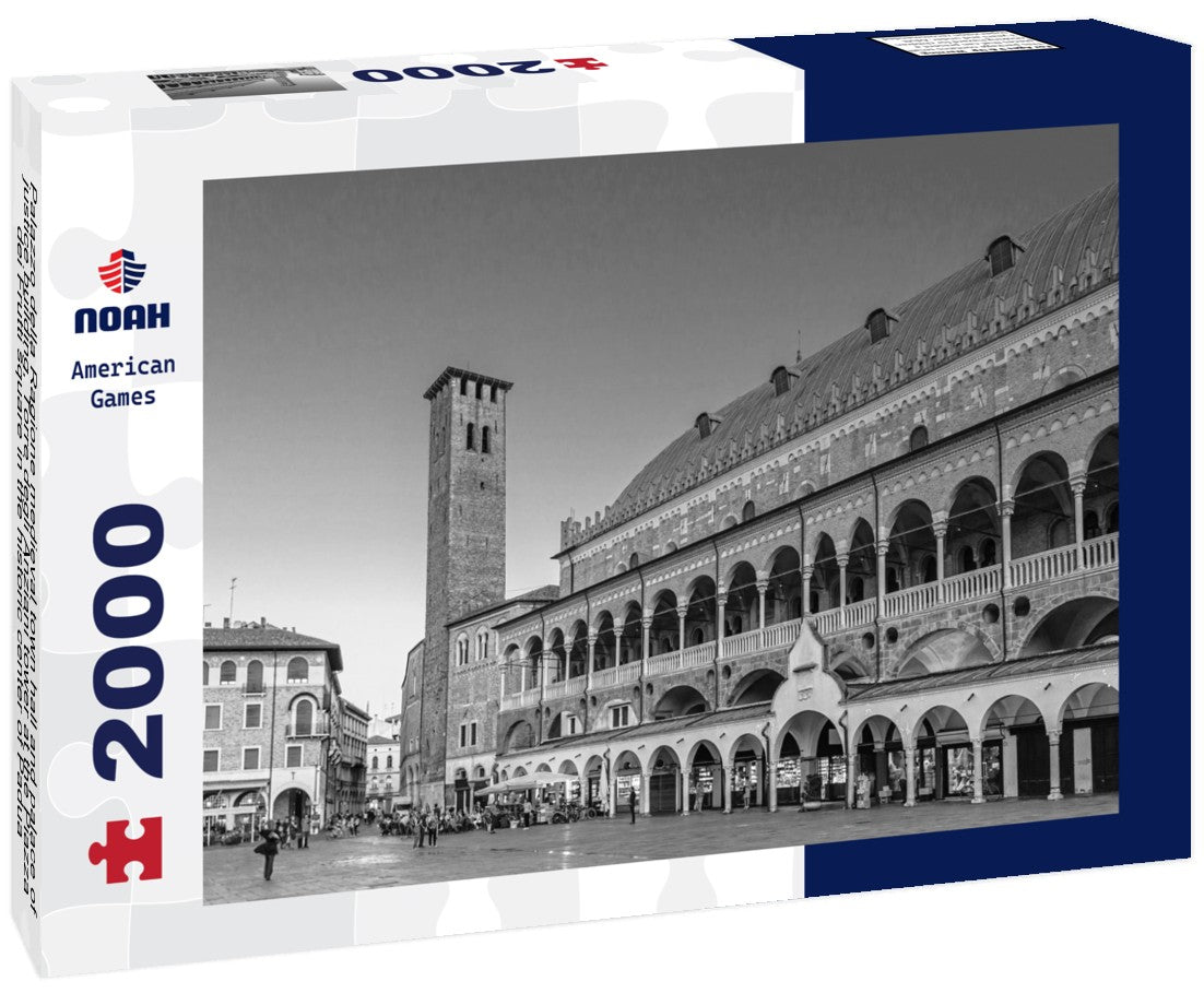 Noah Jigsaw Puzzle Palazzo della Ragione medieval town hall and palace of justice building, Torre degli Anziani tower at the Piazza dei Frutti square in the historic center of Padua, view of the Veneto region, Italy in black white 2000 pieces