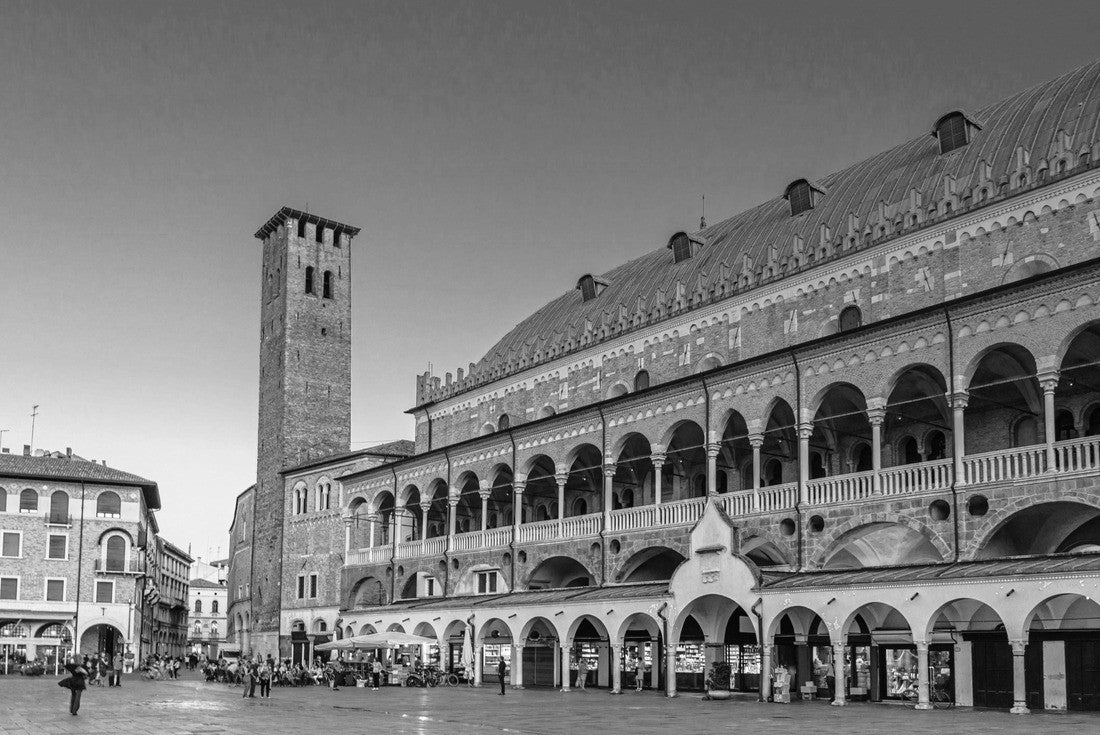 Noah Jigsaw Puzzle Palazzo della Ragione medieval town hall and palace of justice building, Torre degli Anziani tower at the Piazza dei Frutti square in the historic center of Padua, view of the Veneto region, Italy in black white 2000 pieces