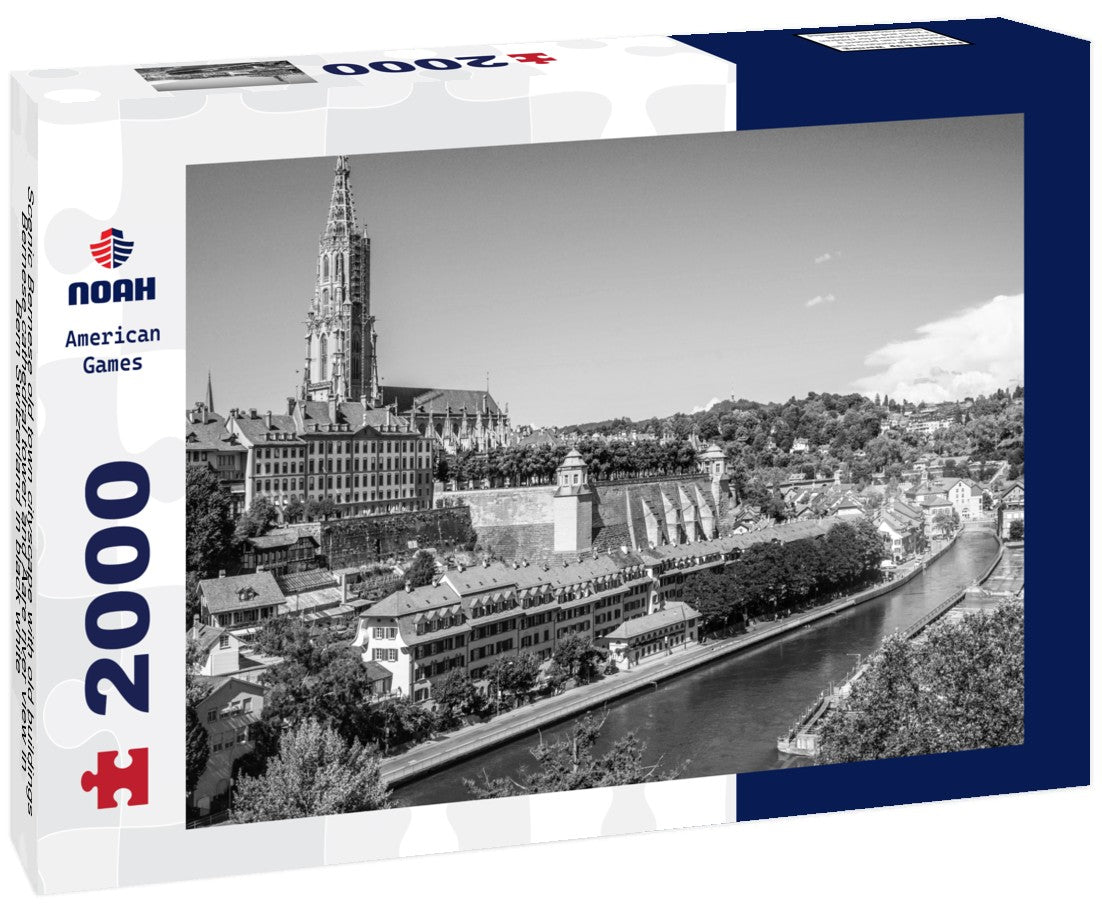 Noah Jigsaw Puzzle Scenic Bernese old town cityscape with old buildings Bernese cathedral tower and Aare river view in Bern Switzerland in black white 2000 pieces