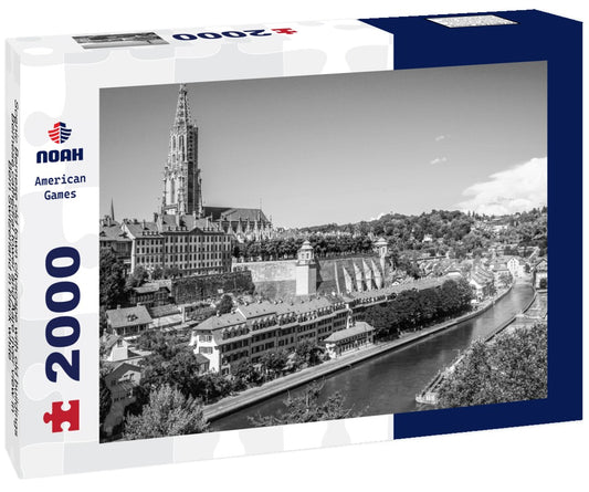 Noah Jigsaw Puzzle Scenic Bernese old town cityscape with old buildings Bernese cathedral tower and Aare river view in Bern Switzerland in black white 2000 pieces