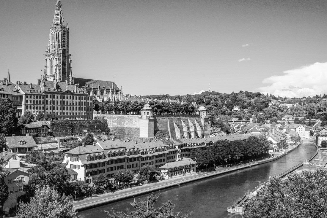 Scenic Bernese old town cityscape with old buildings Bernese cathedral tower and Aare river view in Bern Switzerland 2000pc PuzzleBlack and White