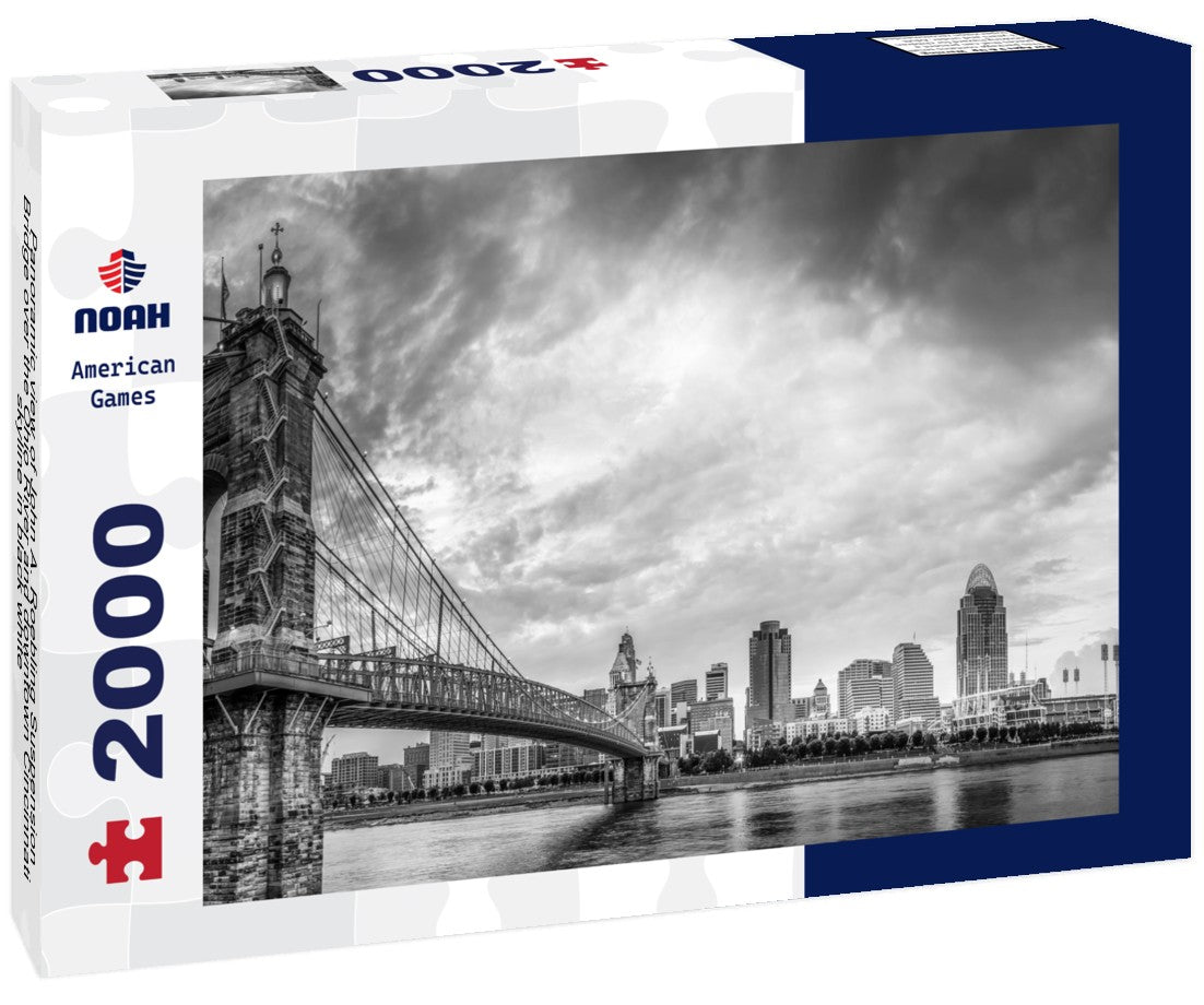 John A. Roebling Suspension Bridge over the Ohio River and downtown Cincinnati skyline 2000pc PuzzleBlack and White
