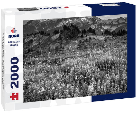 Noah Jigsaw Puzzle USA, Washington State, Mount Rainier National Park. Wildflowers carpet the edge of Paradise hiking trail in black white 2000 pieces