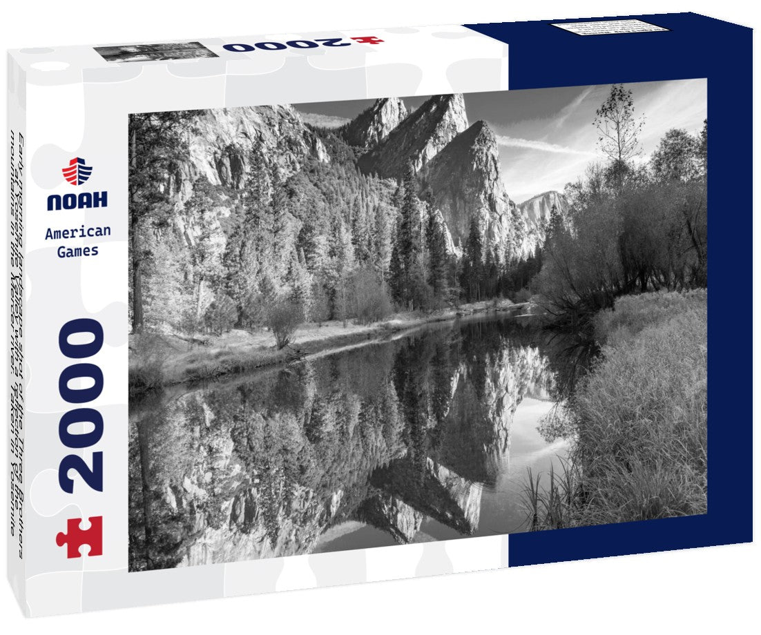 Early morning landscape shot of the Three Brothers at Yosemite Valley with a reflection of the mountains in the Mercer river. Taken in Yosemite National Park 2000pc PuzzleBlack and White
