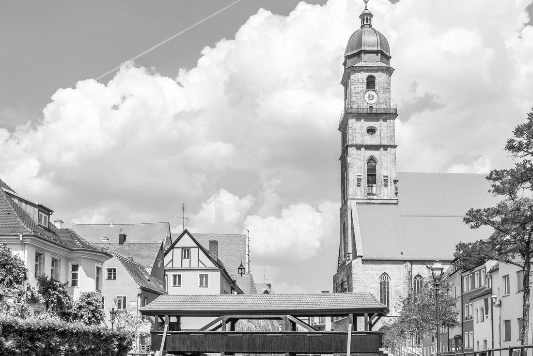 Noah Jigsaw Puzzle View of the Basilica of St. Martin with wooden bridge over the river Vils in Amberg, Germany in black white 2000 pieces
