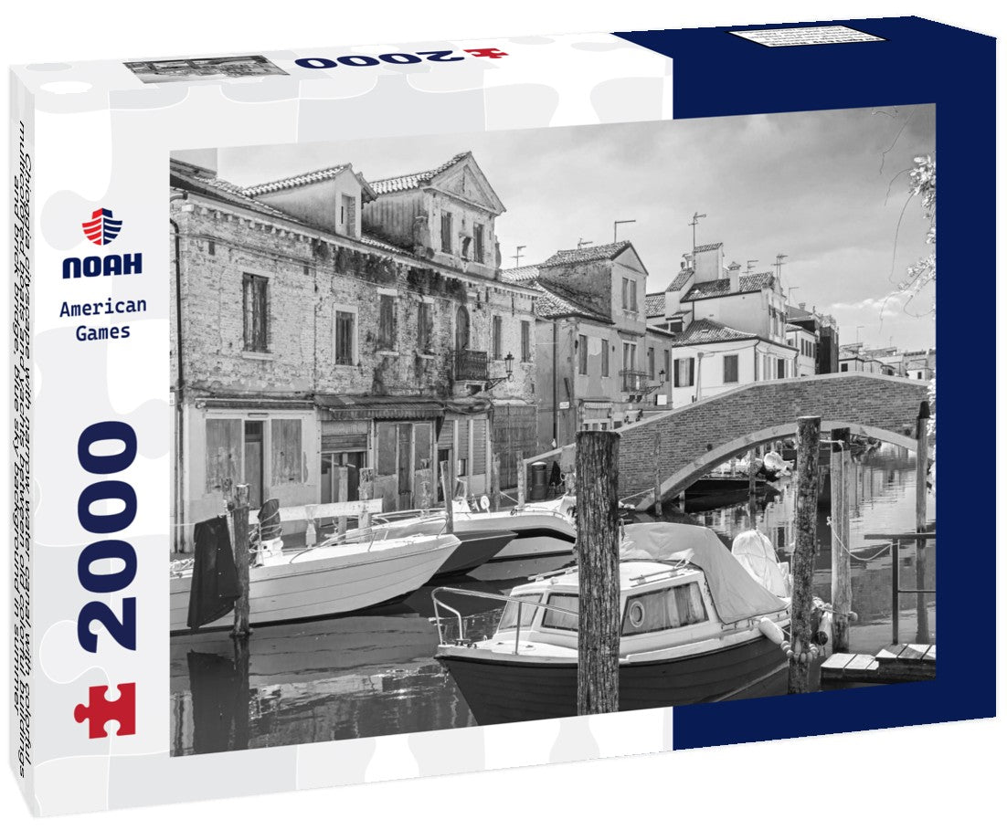 Chioggia cityscape with narrow water canal with colorful multicolored boats and yachts between old colorful buildings and brick bridge, blue sky background in summer, Veneto region, northern Italy 2000pc PuzzleBlack and White