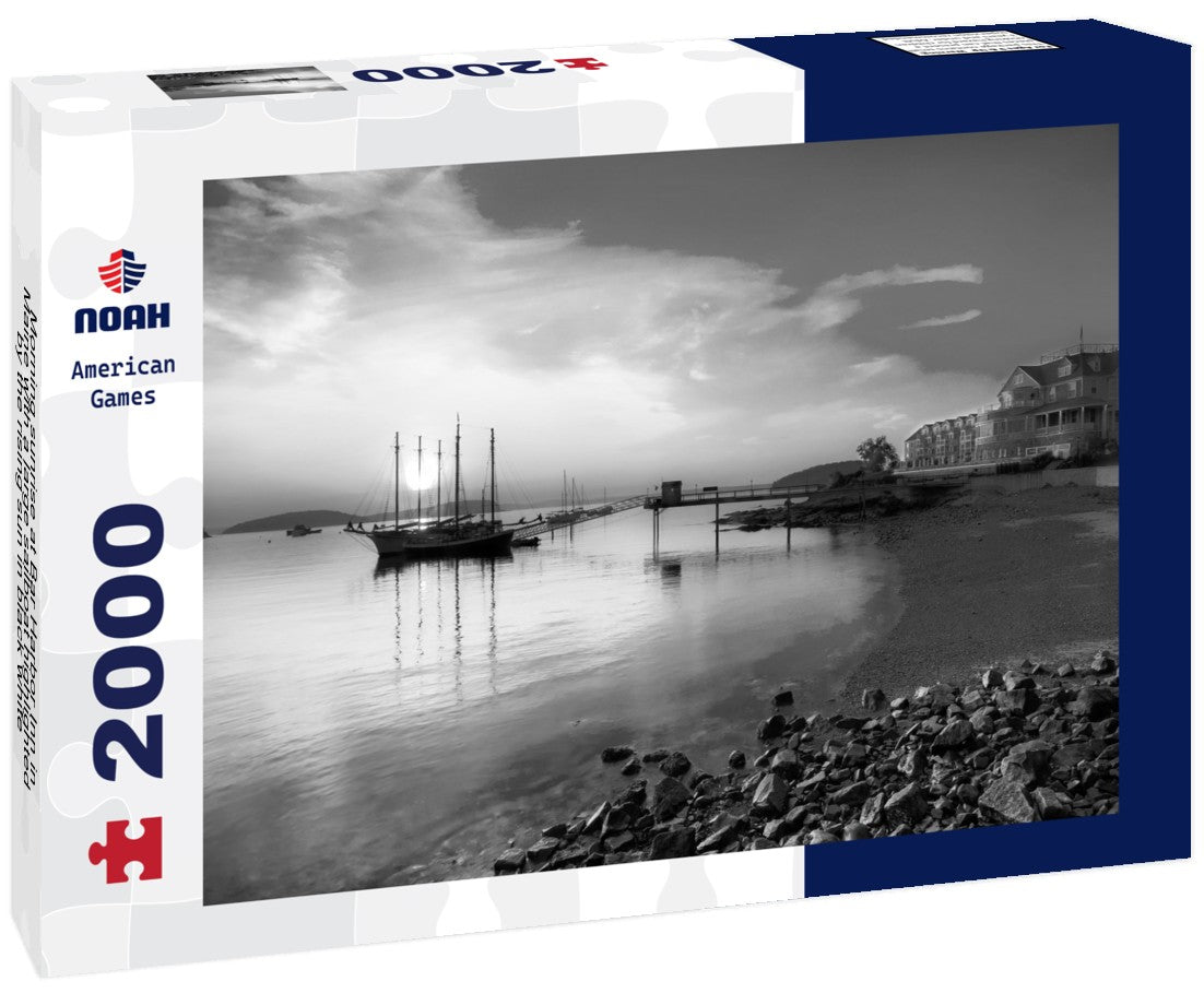 Morning sunrise at Bar Harbor Inn in Maine with a large sailboat highlighted by the rising sun 2000pc PuzzleBlack and White