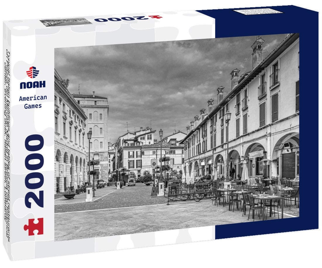 Typical Italian buildings and tables of street restaurants on Piazza del Mercato Market in Brescia city historical center, evening dusk, Italian street, Lombardy, northern Italy 2000pc PuzzleBlack and White