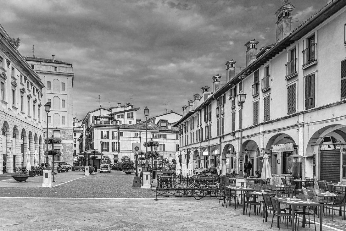 Typical Italian buildings and tables of street restaurants on Piazza del Mercato Market in Brescia city historical center, evening dusk, Italian street, Lombardy, northern Italy 2000pc PuzzleBlack and White
