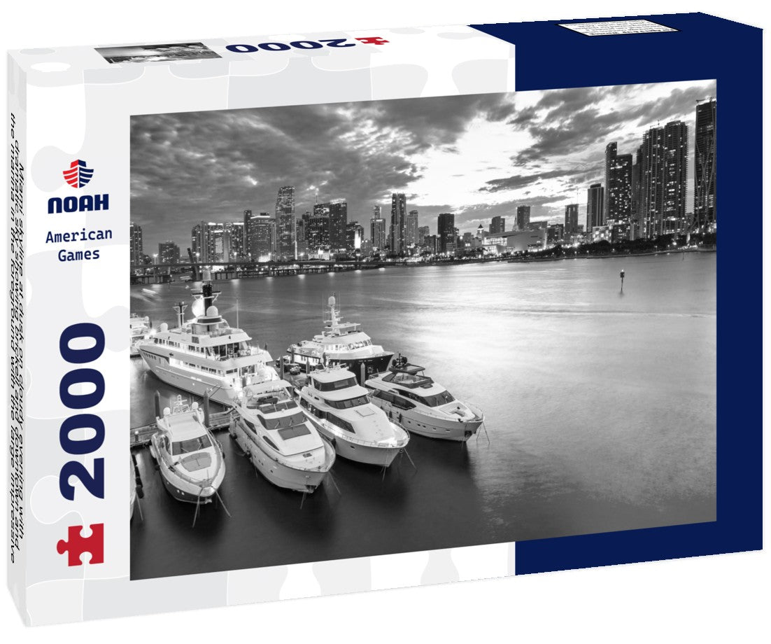 Miami skyline at dusk on cloudy evening with dramatic sky showing brickell and downtown and the marina in the foreground with the large impressive yachts and boats 2000pc PuzzleBlack and White
