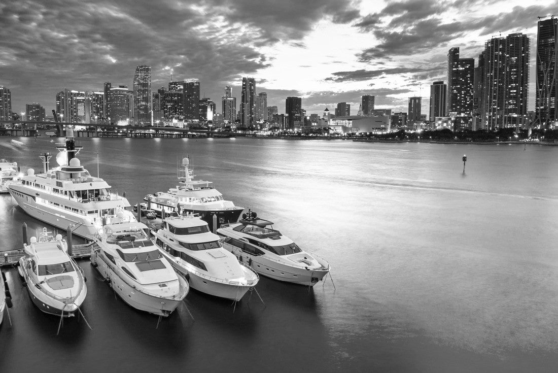 Miami skyline at dusk on cloudy evening with dramatic sky showing brickell and downtown and the marina in the foreground with the large impressive yachts and boats 2000pc PuzzleBlack and White