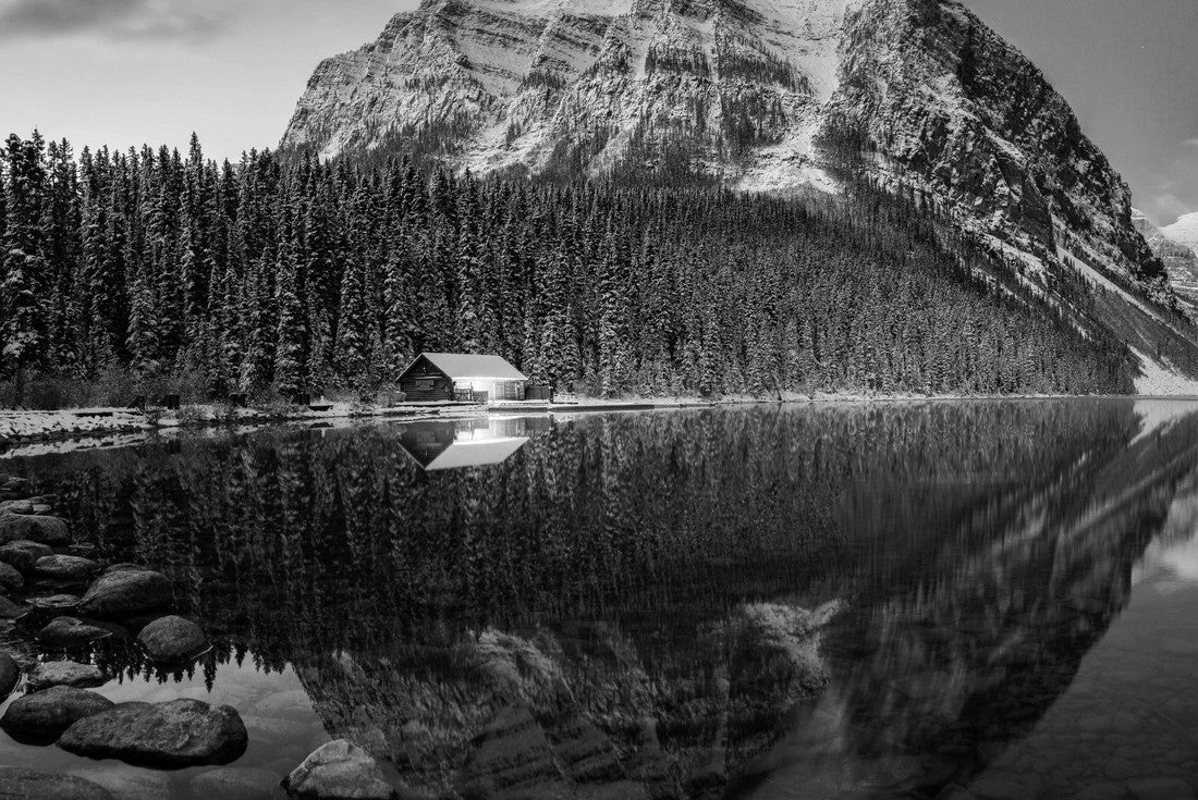 Stunning blue hour shot of a boat house on a crystal clear winter morning at Lake Louise, Alberta, Canada 2000pc PuzzleBlack and White