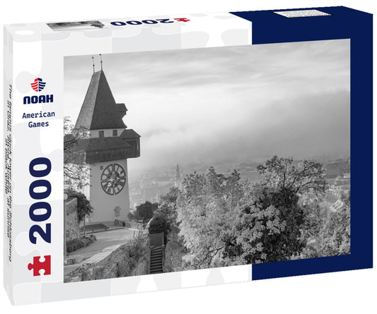 Noah Jigsaw Puzzle The famous clock tower on the Schlossberg, in Graz, Styria, Austria, at sunrise in black white 2000 pieces
