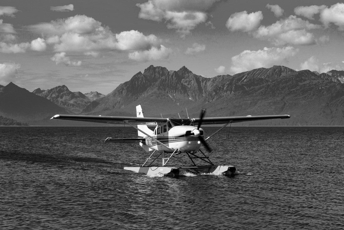 Noah Jigsaw Puzzle Lake Clark National Park and Preserve, Cook Inlet, Kenai Peninsula, Alaska, Floatplane, Mount Iliamna Volcano in black white 2000 pieces