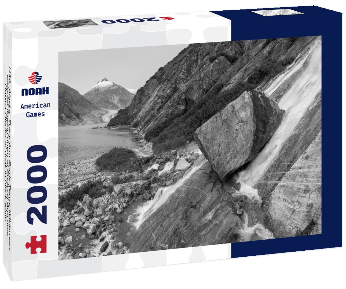 USA, Alaska, Tracy Arm Fords Terror Wilderness, waterfall flowing down at Endicott Arm near Dawes Glacier at dusk 2000pc PuzzleBlack and White