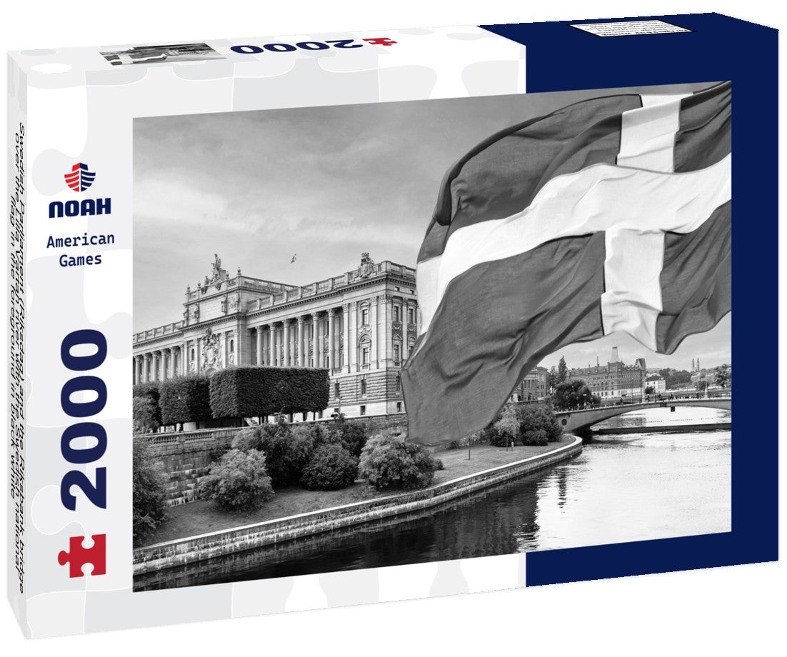 Swedish Parliament (Riksdag) and the Riksbank bridge over the Lilla Vartan river with the Swedish national flag in the foreground 2000pc PuzzleBlack and White