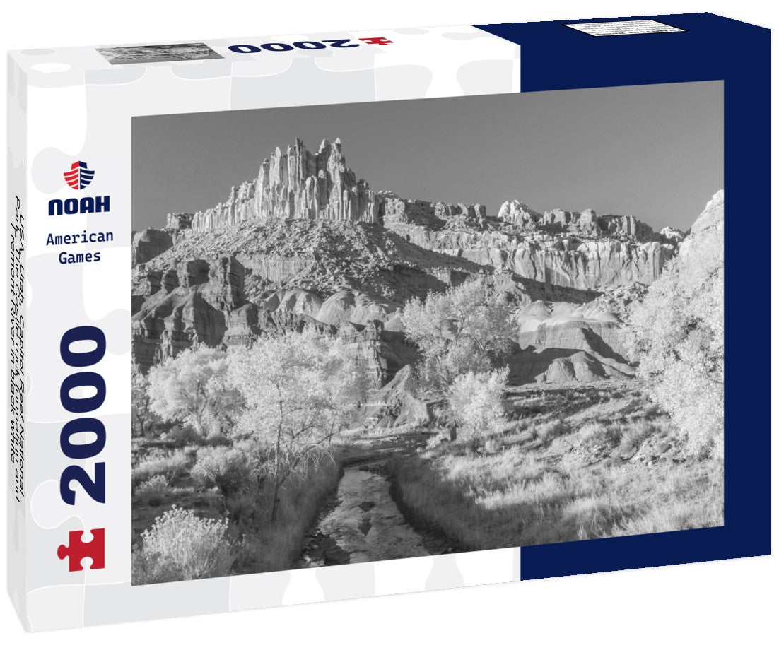 Noah Jigsaw Puzzle USA, Utah, Capitol Reef National Park. The Castle rock formation and Fremont River in black white 2000 pieces