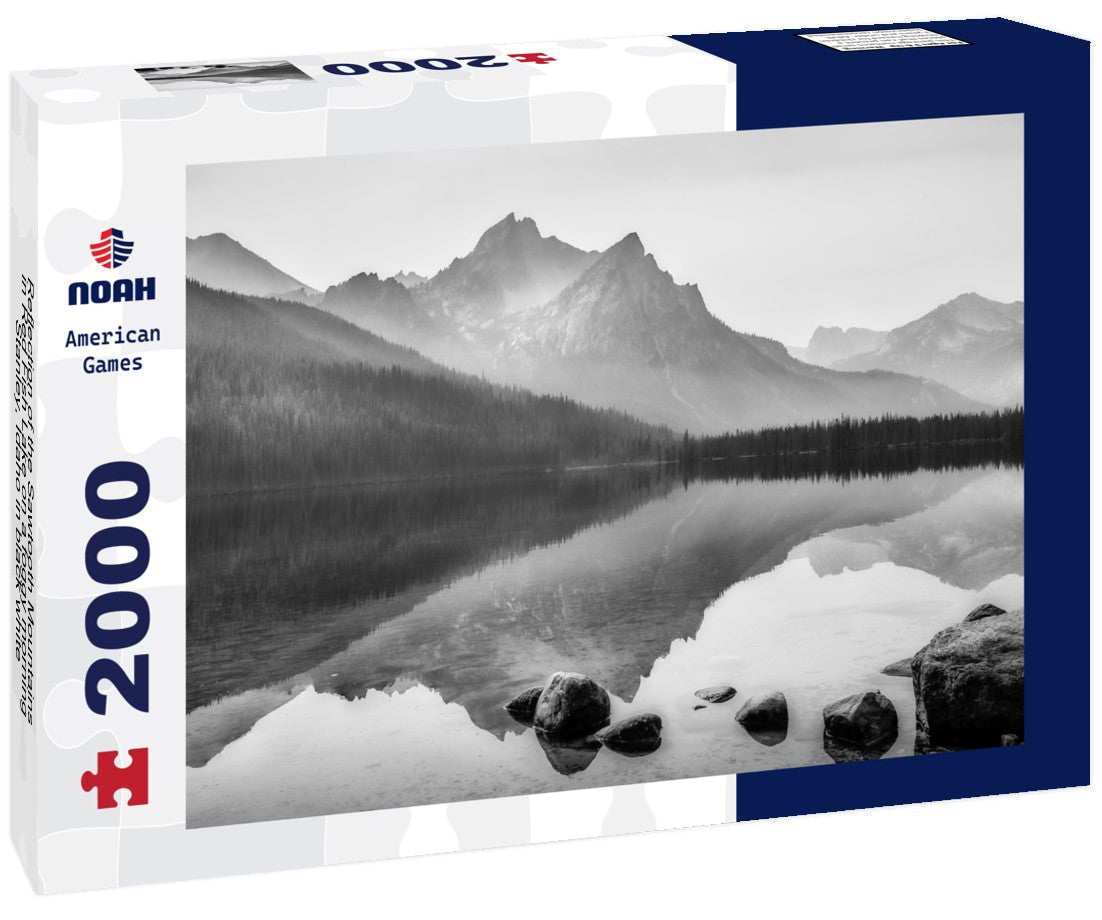 Noah Jigsaw Puzzle Reflection of the Sawtooth Mountains in Red Fish Lake on a foggy morning, Stanley, Idaho in black white 2000 pieces