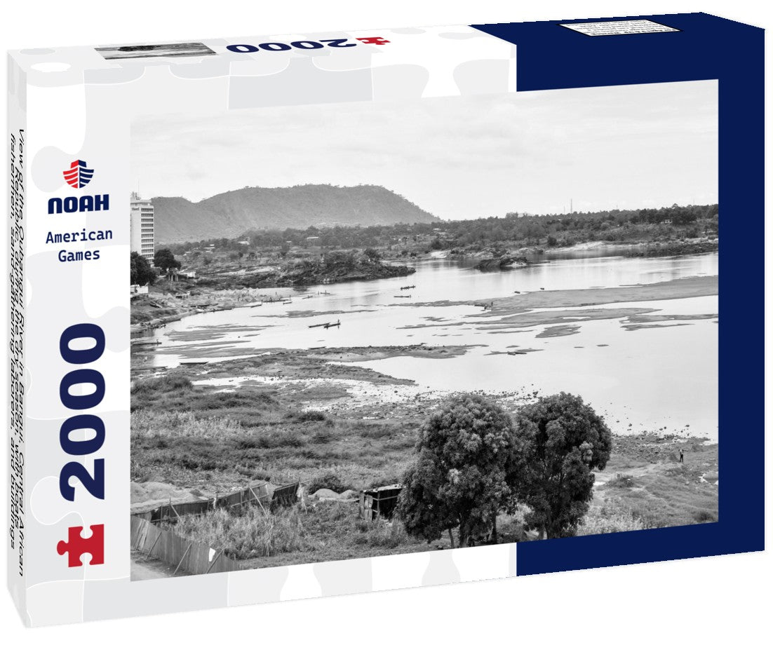 the Oubangui River in Bangui, Central African Republic, during the dry season, with boats, fishermen, sand-gathering laborers, and buildings on the banks of the river 2000pc PuzzleBlack and White