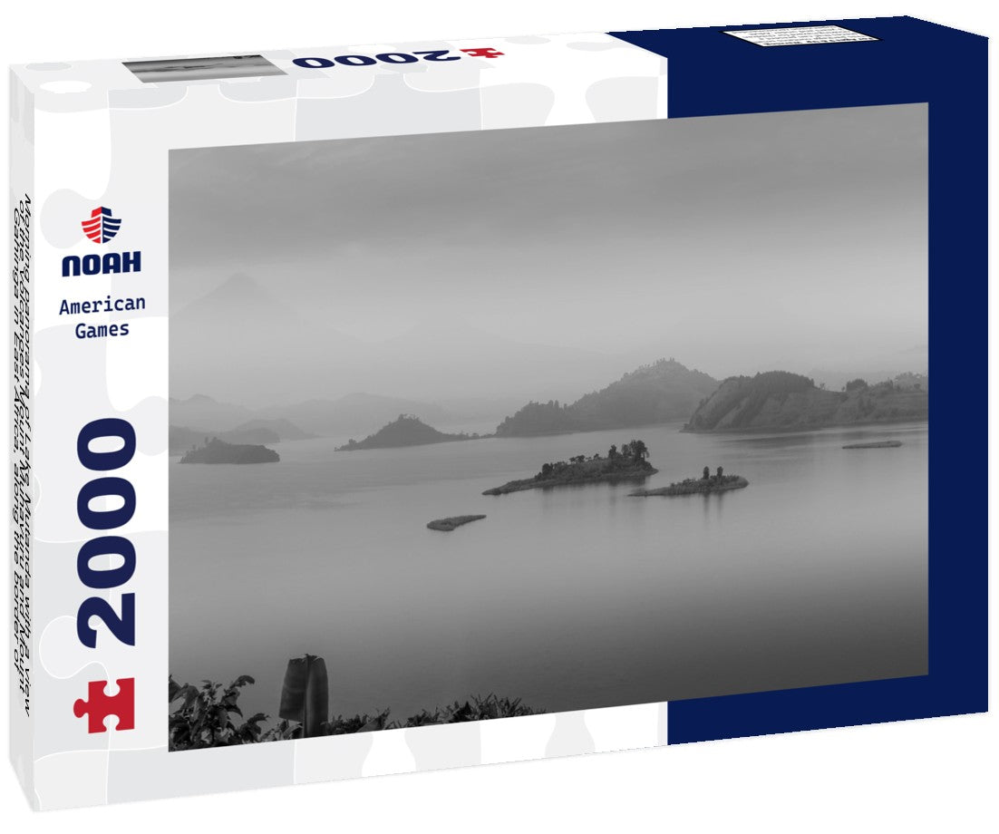Noah Jigsaw Puzzle Morning panorama of Lake Mutanda with a view of the volcanoes Mount Muhavuru and Mount Gahinga in East Africa, along the border of Rwanda and Uganda in black white 2000 pieces
