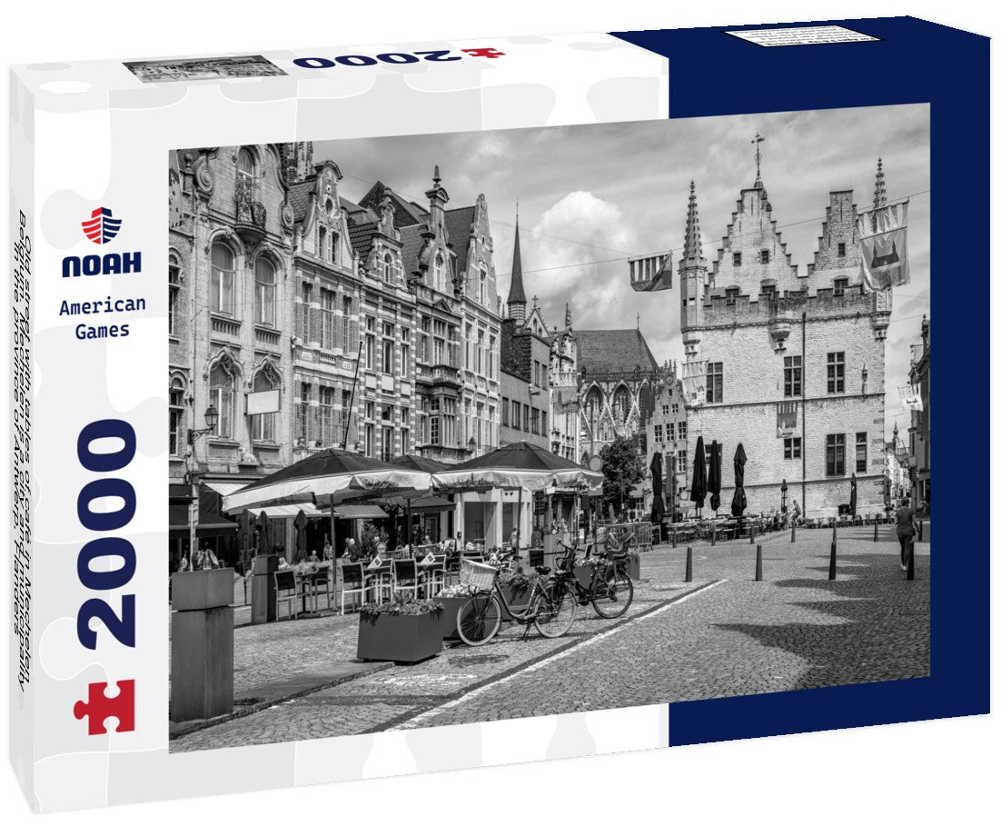 Old street with tables of café in Mechelen, Belgium. Mechelen is a city and municipality in the province of Antwerp, Flanders 2000pc PuzzleBlack and White