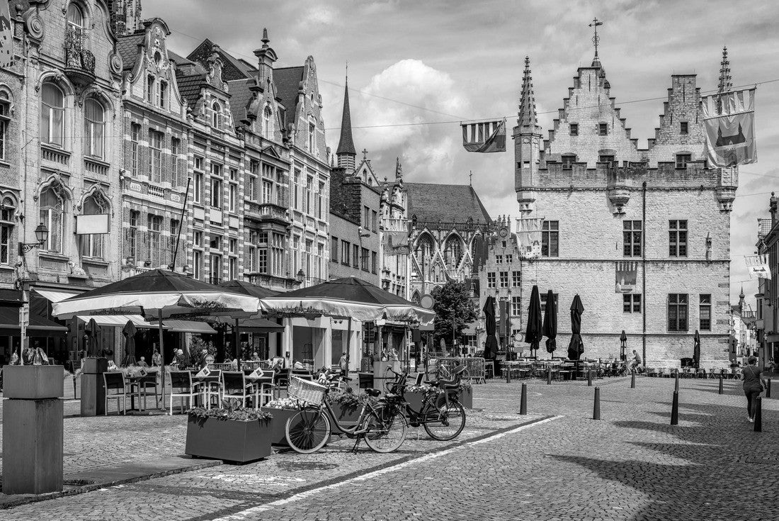 Old street with tables of café in Mechelen, Belgium. Mechelen is a city and municipality in the province of Antwerp, Flanders 2000pc PuzzleBlack and White