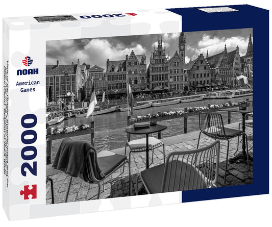 Noah Jigsaw Puzzle View of the Graslei, Korenlei quays and the Leie river in the historic city center of Ghent (Gent), Belgium in black white 2000 pieces