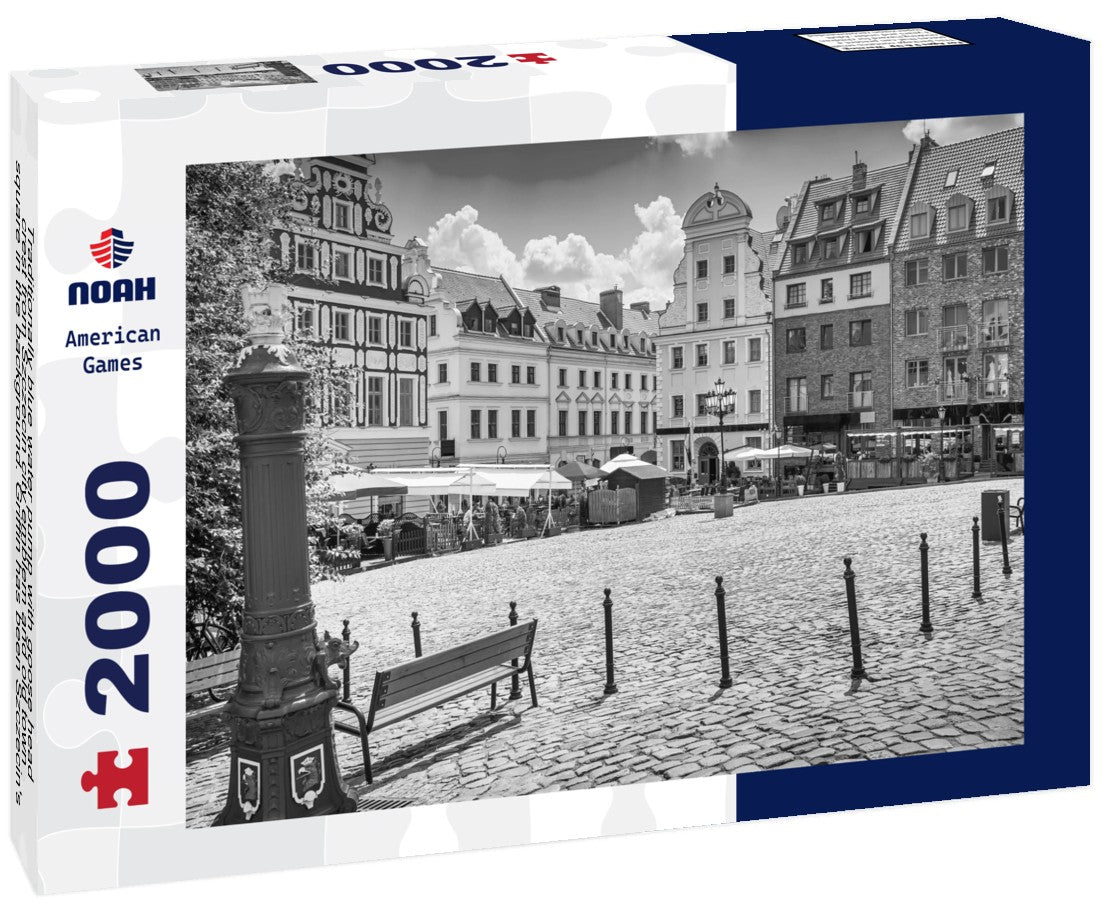 Traditionally blue water pump with goose head crest from Szczecin city emblem and old town square in the background. Griffin has been Szczecin's emblem since 1360 2000pc PuzzleBlack and White