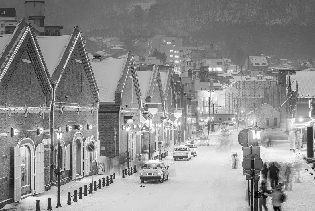 Hakdat, Hokkaido, Japan at the historic shops and restaurants of Kanemori on a winter evening 2000pc PuzzleBlack and White