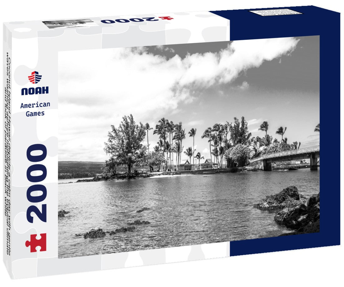 Coconut Island Hawaii depicts a calm day with gentle waves washing ashore highlighting the tropical climate and look of paradise 2000pc PuzzleBlack and White