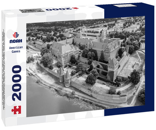 Noah Jigsaw Puzzle Panoramic view of the Gothic Grand Masters' Palace in the High Castle in the medieval castle of the Teutonic Order on the Nogat River in Malbork, Poland in black white 2000 pieces