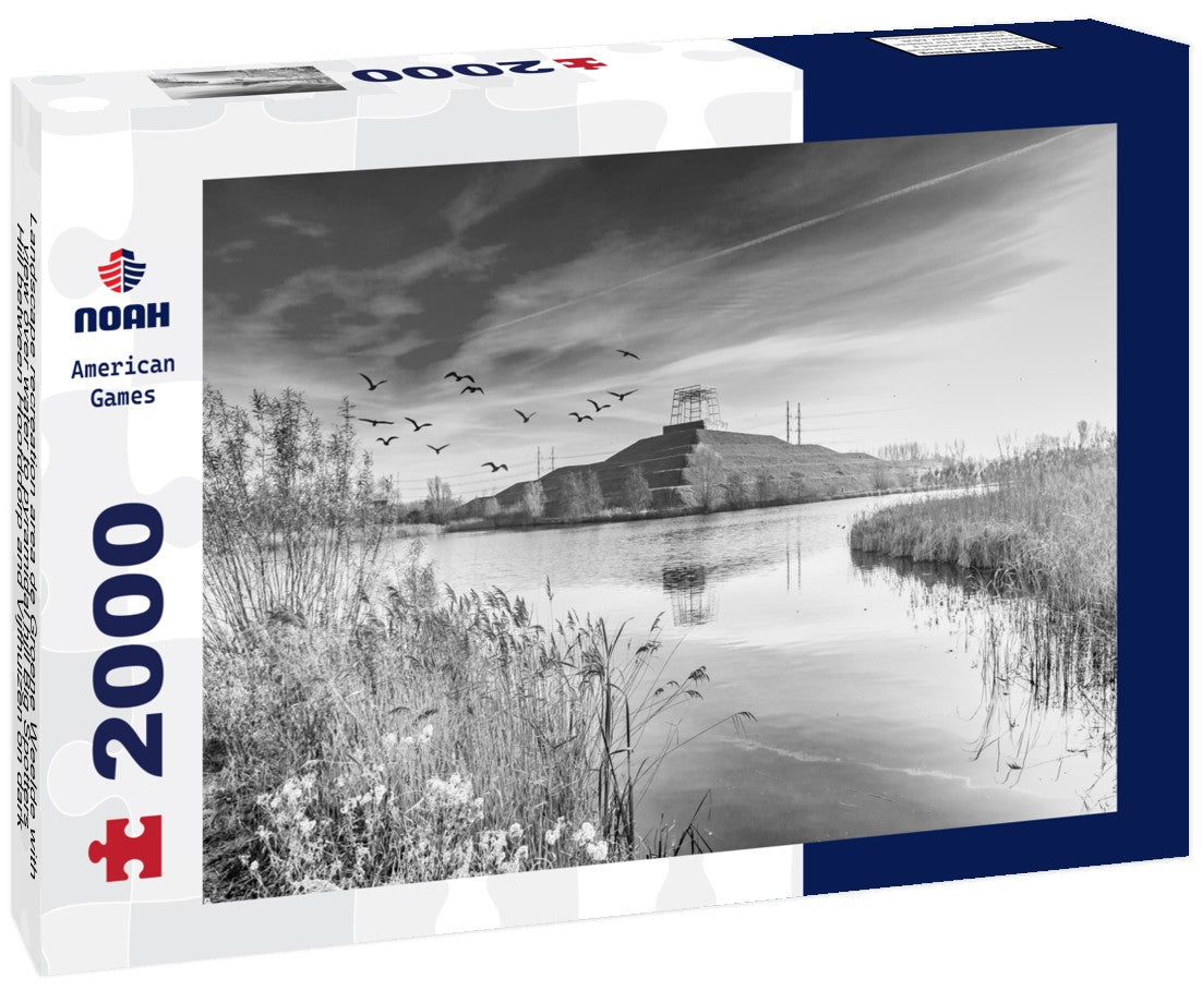 Landscape recreation area de Groene Weelde with view over water to pyramidal hill Big Spotters Hill between Hoofddorp and Vijfhuizen on dark sky and low sun 2000pc PuzzleBlack and White