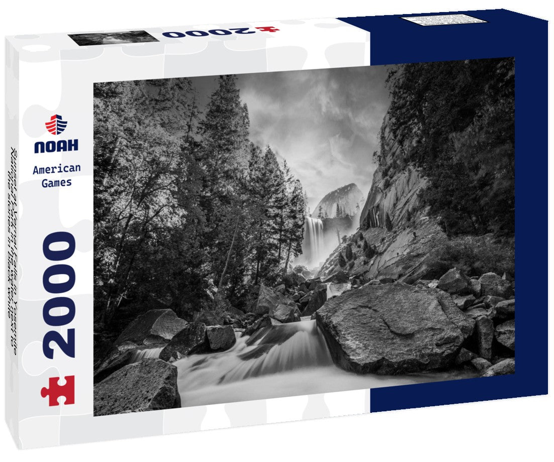 Noah Jigsaw Puzzle Sunset at Vernal Falls in Yosemite National Park in the water next to the stones in black white 2000 pieces