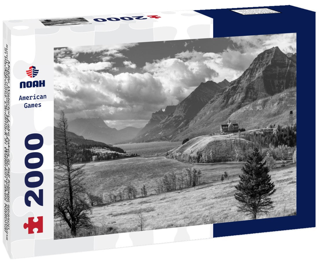 Noah Jigsaw Puzzle Middle Waterton Lake lakes in fall foliage season sunny day morning. Blue sky, white clouds on mountains in background. Landmark in Waterton Lakes National Park, Alberta, Canada in black white 2000 pieces