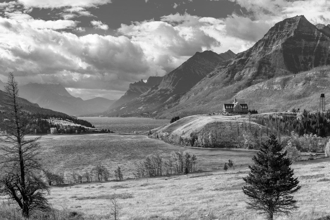 Noah Jigsaw Puzzle Middle Waterton Lake lakes in fall foliage season sunny day morning. Blue sky, white clouds on mountains in background. Landmark in Waterton Lakes National Park, Alberta, Canada in black white 2000 pieces