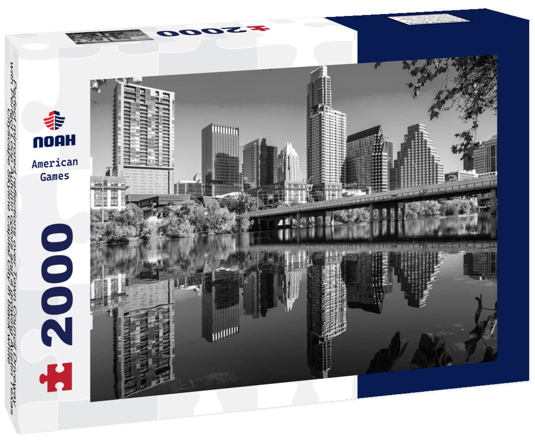Noah Jigsaw Puzzle Perfect mirrored reflections over Town Council Driveway with Perfect Loop Autumn colors and a growing Austin Texas Cityscape Skyline Capital City in black white 2000 pieces